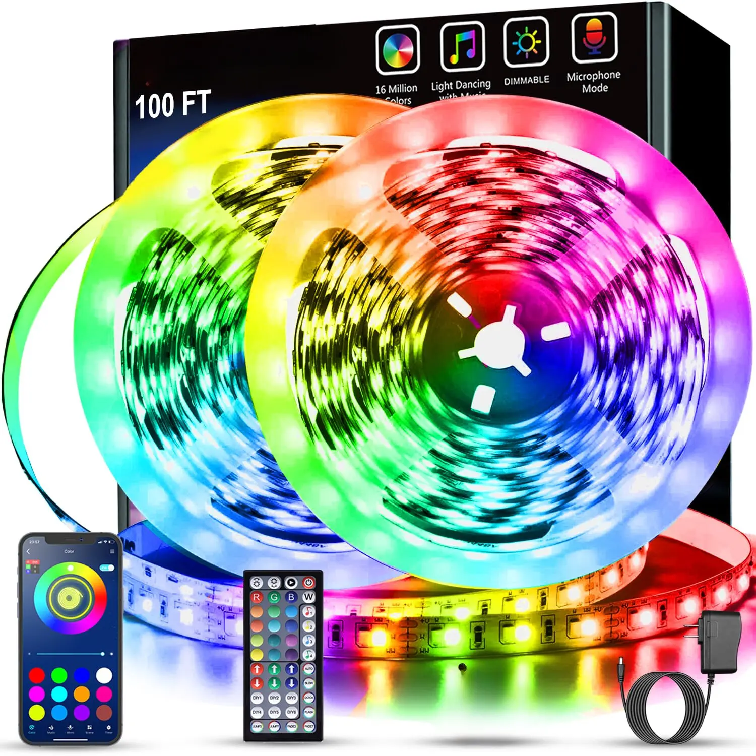 RGB LED Light Strip, 100 ft (2 Rolls of 50 ft) Interior LED Lights with Music Sync, Remote & App Control, Bluetooth for Bedroom, Home Décor, Party Smart Lighting