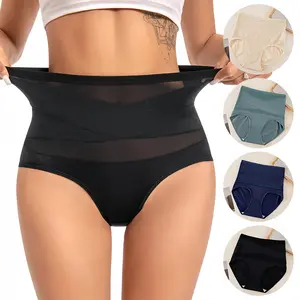 Women's High-Waisted Letter Mesh 3-pcs Body-Shaping Briefs, Navy Tummy Control Panty Style Briefs, Cross Compression Muffin Top Smoother, Extra Soft Breathable Light Fabric, Plus Size-Friendly Invisible Fitting Curvy Hip Slimming Lingerie