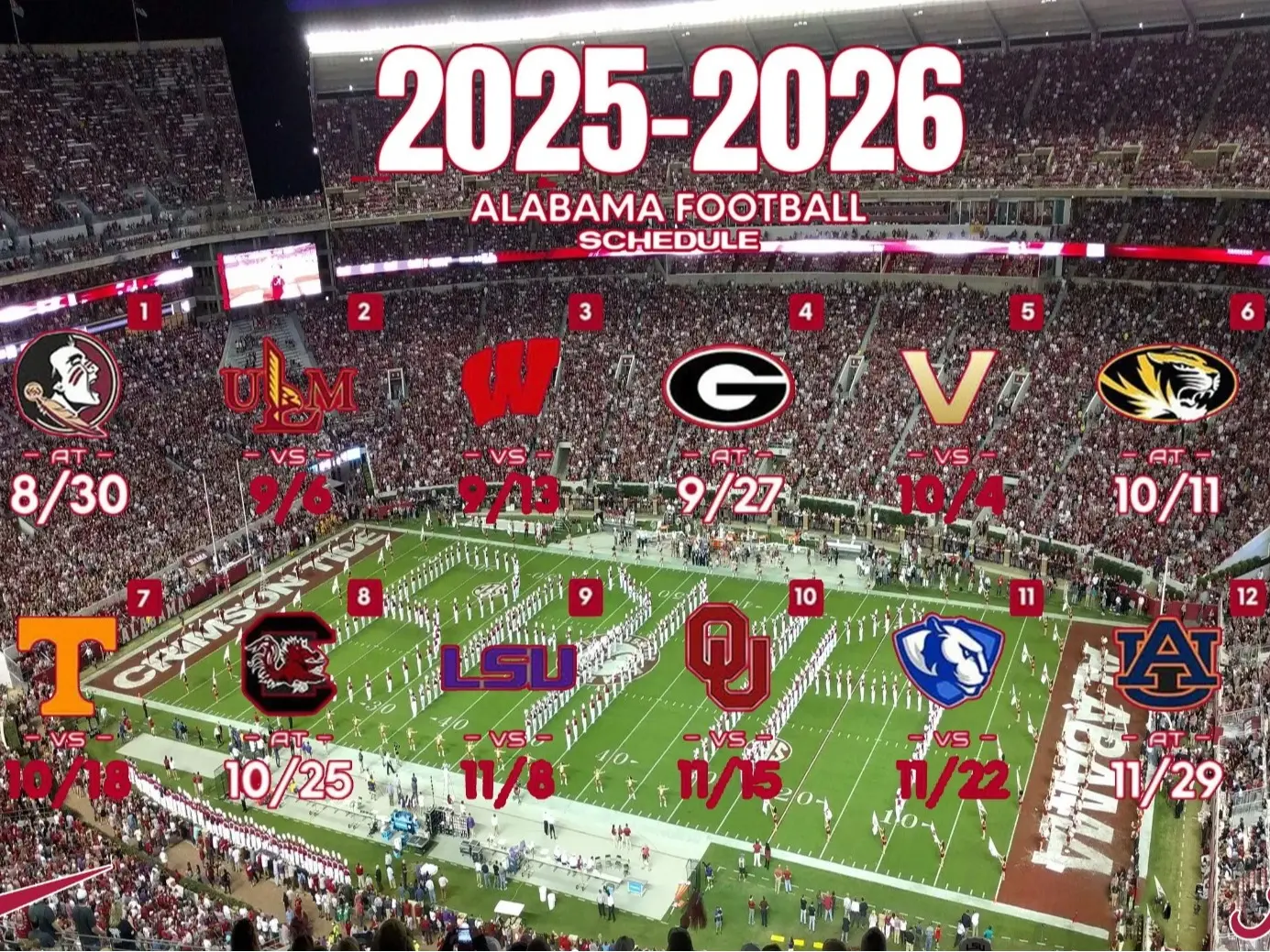 Alabama Crimson Tide 2025 Schedule Poster Unframed Roll Tide Roll Football V2