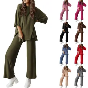 Harkapy Women Two Piece Loungewear Set Short Sleeve Crew Neck Top And Wide Leg Pants Soft Breathable Fabric Casual Outfit With Side Split Hem And Pockets Suitable For Home Relaxation Outdoor Walks Daily Activities