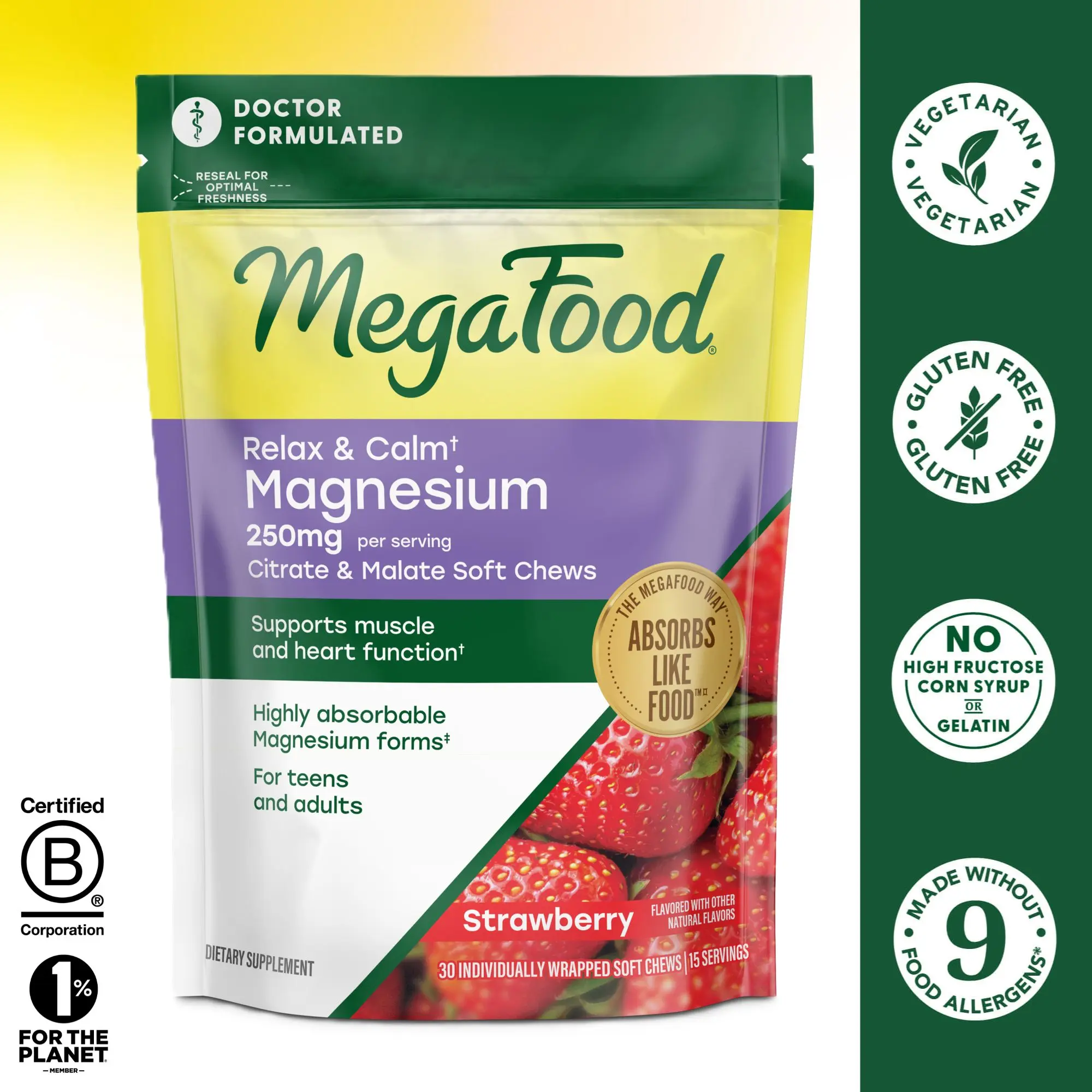 MegaFood Relax + Calm Magnesium Complex with Magnesium Citrate & Malate for Heart Health, Muscle Tension & More – Doctor Formulated - Vegetarian – Strawberry Flavor - 30 Individually Wrapped Soft Chews