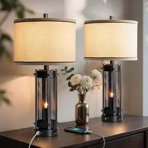 Black Vintage Lamp Glow! 25” Farmhouse Lamps with Dual USB + Night Light  (Set of 2)