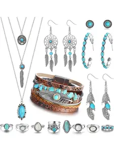 Bohemian Turquoise Jewelry for Women Turquoise Pendant Choker Necklace Turquoise Feather Dangle Earrings Leather Wrap Bead Bracelet Turquoise Western Joint Knuckle Rings Western Jewelry Set