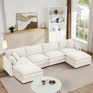 Modular Sectional Sofa with Movable Ottoman | 130.7 Inch U Shaped Couch Set for Living Room | 4-Seater Comfy Cloud Couches in Chenille Fabric | DIY Combination, Beige, Deep Seat, Plush, Reversible