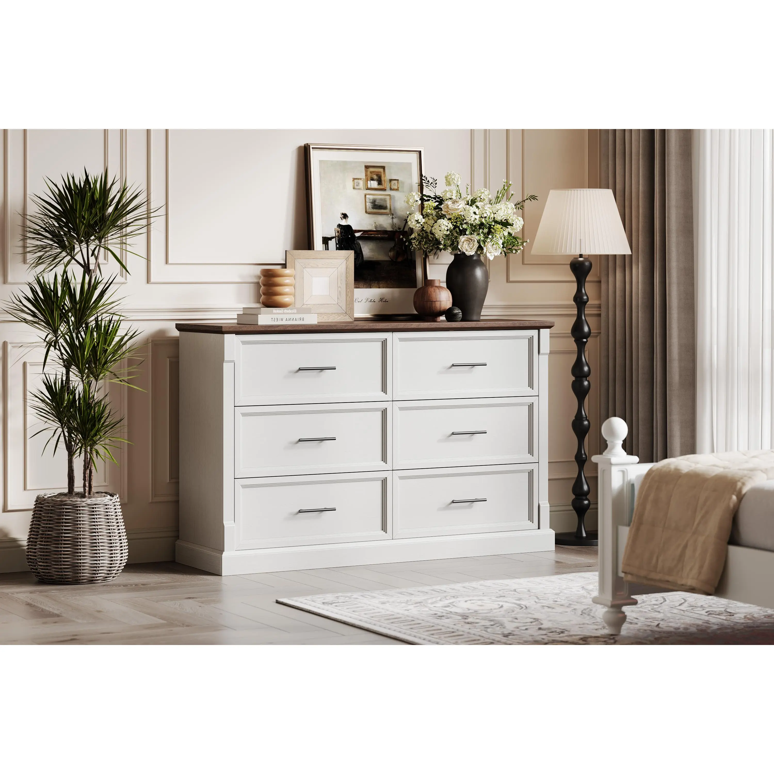 Farmhouse Style 6-Drawer Dresser – Wide Rustic Wooden Chest with Metal Handles, Multi-Purpose Storage for Bedroom, Living Room, Hallway & Closet, Brown & Grey, Space-Saving Design