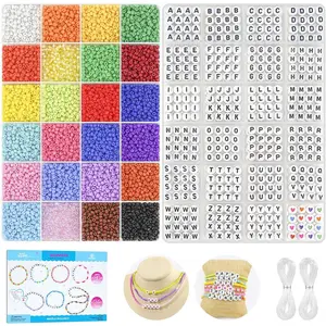 24 Colors Friendship Bracelet Kit, 10000 Pcs 3mm Glass Seed Beads for Bracelets Making Kit with Letter Alphabet Beads A-Z, 8/0 Craft Bead for Jewelry Making with Needle Cord