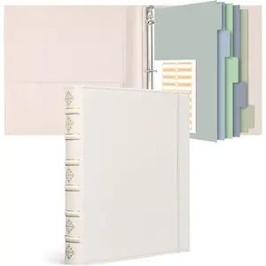 Vintage 1 Inch Leather 3 D-Ring Binder, Hardback Book Style Document Organizer with Pockets & 5 Tab Dividers, Fits Letter Size Paper for Home Office Wedding, White