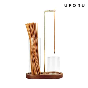 UFORU 2-in-1 Incense & Candle Holder with Wooden Base and Removable Glass Ash Collector, Romantic Home Decor for Valentine’s Day, Perfect Aromatherapy Ornament for Living Room Bedroom