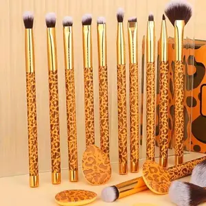 Makeup Brushes Leopard 14pcs Premium Synthetic Foundation Powder Concealers Eye shadows Blush Makeup Brush Set with 4pcs Makeup Puffs