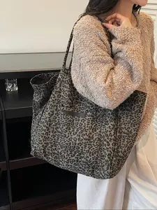 Leopard print shoulder bag with Slouchy Grey Sole, tote bag with large patch pocket, practical bag for daily outing and short trip, Leopard print handbag
