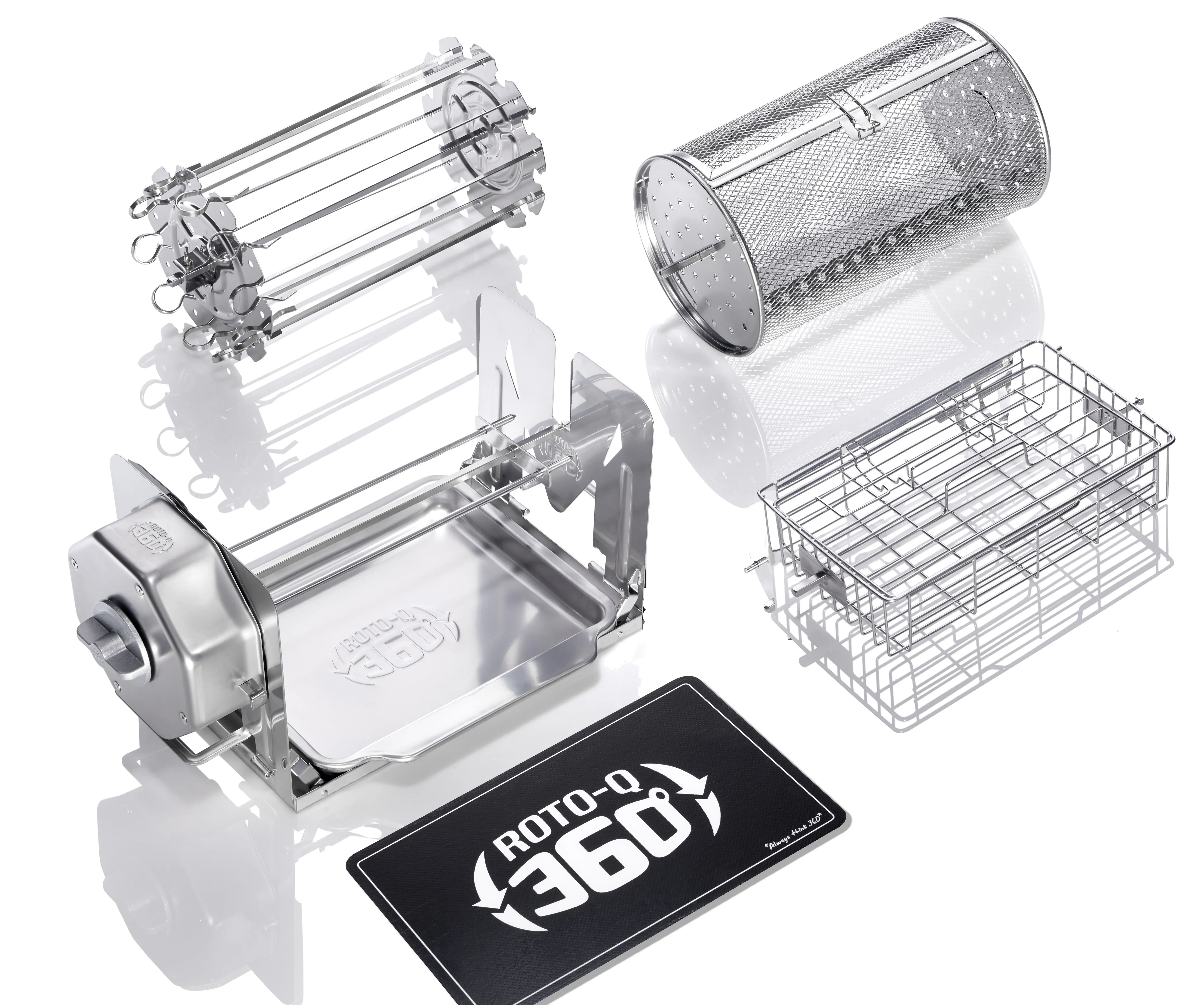ROTO-Q 360 Family Bundle: Cordless Rotisserie Kit for Grills, Ovens, Smokers - Non-Electric Spit Roaster for Indoor/Outdoor BBQ with Extra Attachments
