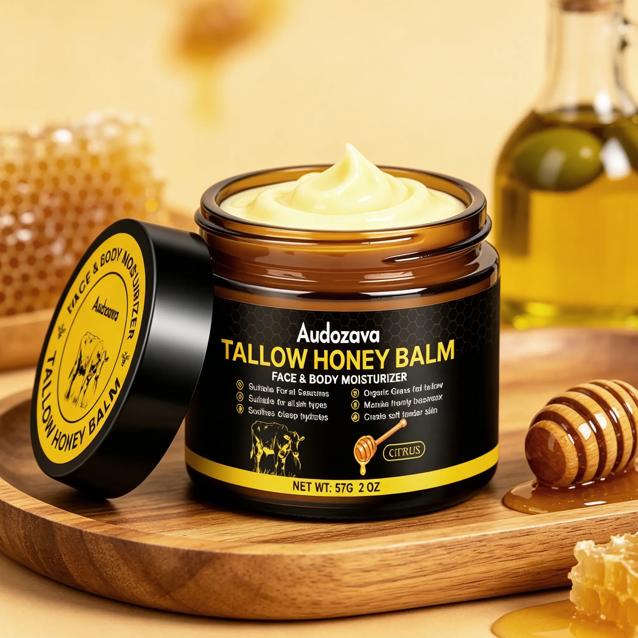 Tallow Honey Balm, Beef Tallow for Skin, Moisturizer with Organic Grass-Fed Beef Tallow Balm Raw Honeys and Beeswax, Suitable for All Skin Types