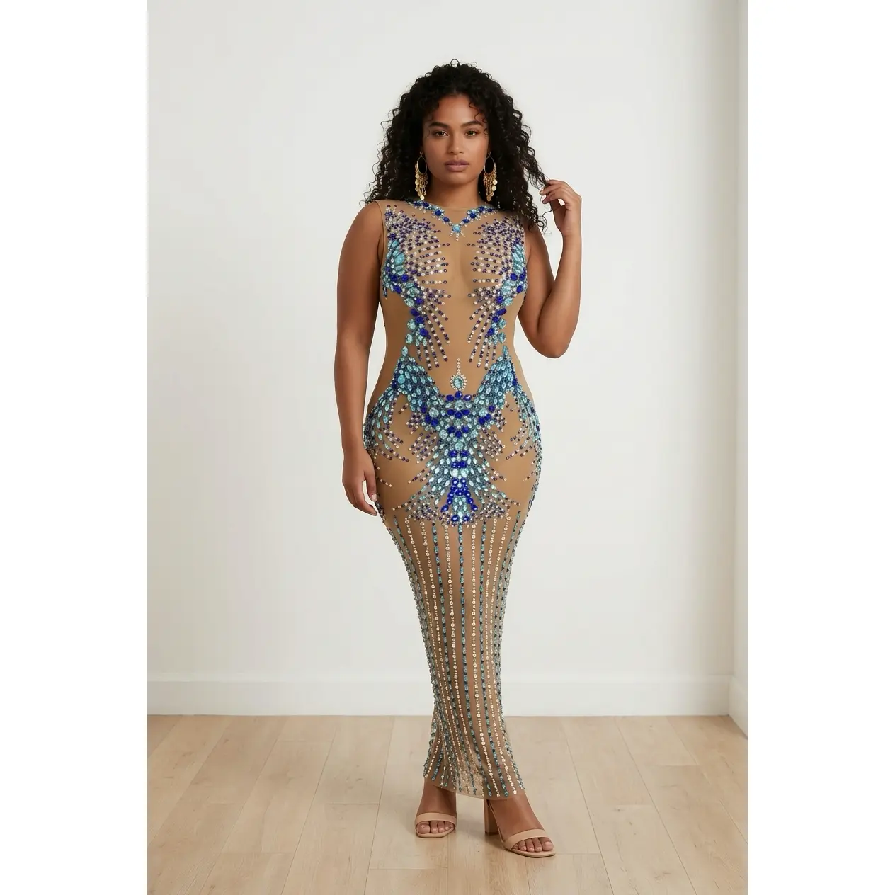 Luxury Sparkly Rhinestones Nude Mesh  Maxi Dress Women Evening Party Elegant Gown Show Red carpet Stage Costume