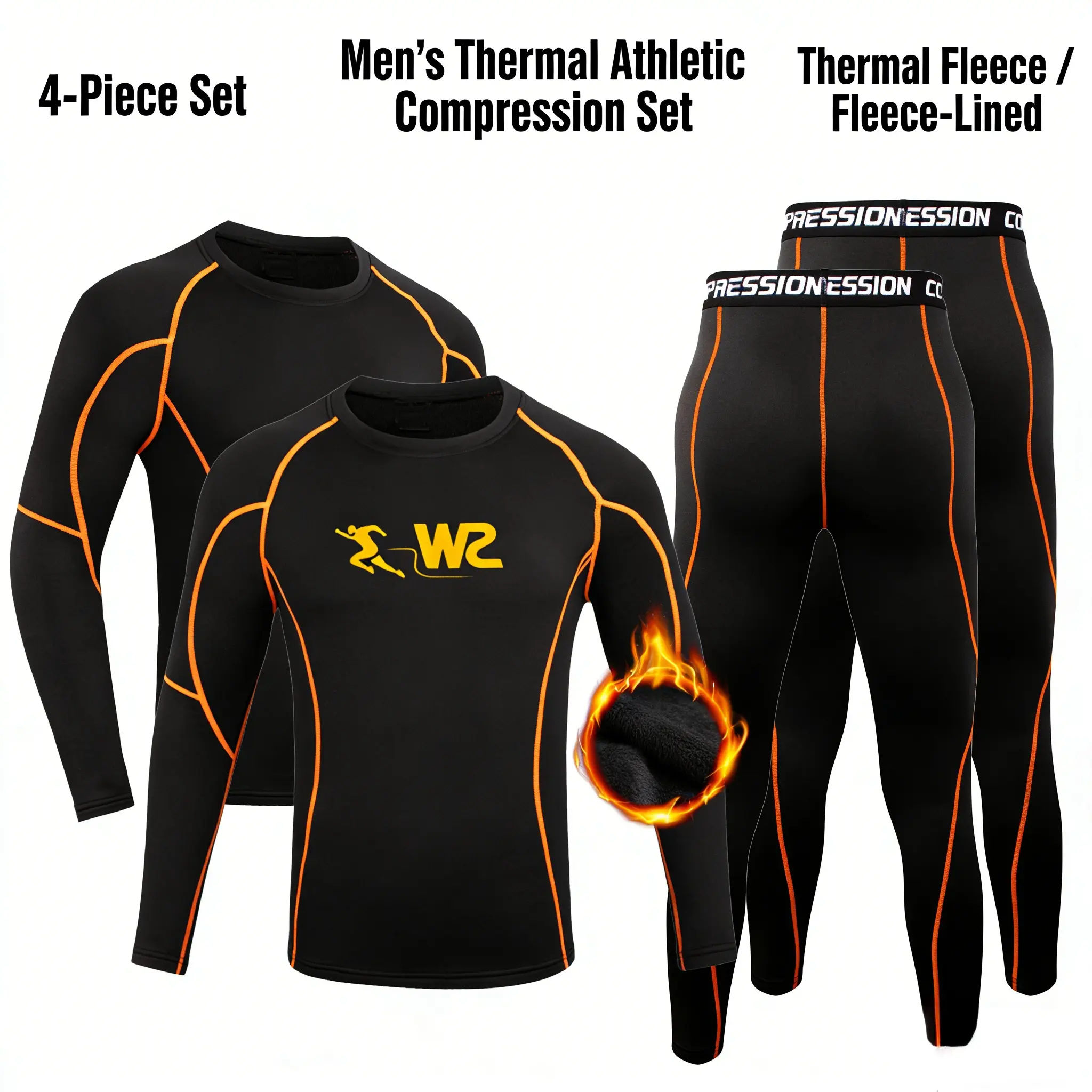 Men's 4-Piece Fleece-Lined Thermal Underwear Base Layer Set - Black(4pcs), Long Sleeve Shirt, Shaping Insulating Active Sportswear for Severe Winter, Gym Workout Clothes, Fitness Training Clothes, Athletic Workout Clothing