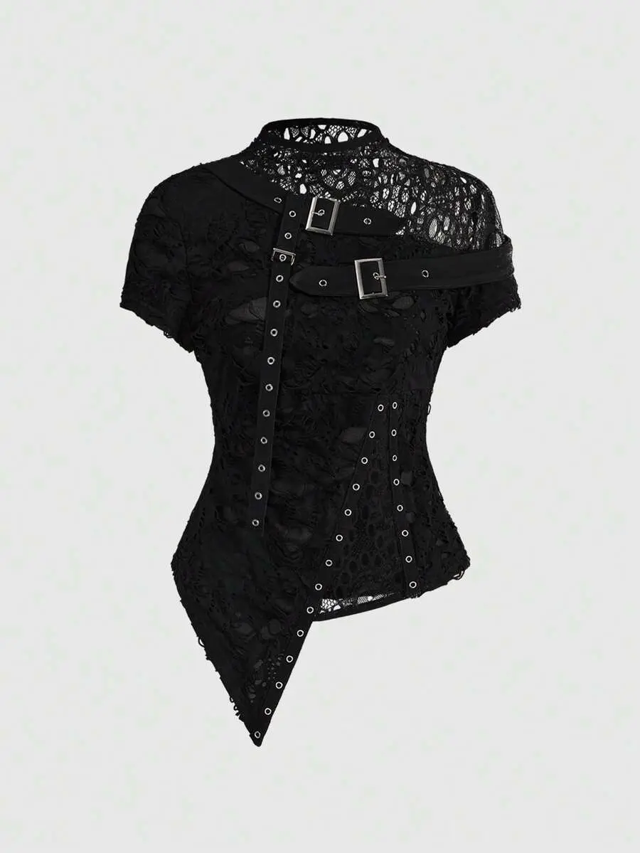 SHANIAH Sexy Black Ripped Floral Mesh Patchwork Asymmetric Punk Goth Style Top, Women Goth Clothes