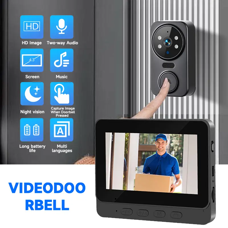 Wireless Smart Video Doorbell Camera for Cats & Dogs, 4.3-in Color Screen, 2.4G Connectivity, Night Vision, Long Battery Life, 2-Way Audio Intercom, Video Recording, Included Chime, Accessories & 64G TF Card, Wireless Video Doorbell