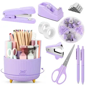 10PCS Office Cute Desk Accessories , Pencil Holder, Stapler, Tape Dispenser, Scissors, Ruler, Binder Clips and 1000pcs Staples,Desk Supplies Set Pen Organizer Anti Tipping Organizer