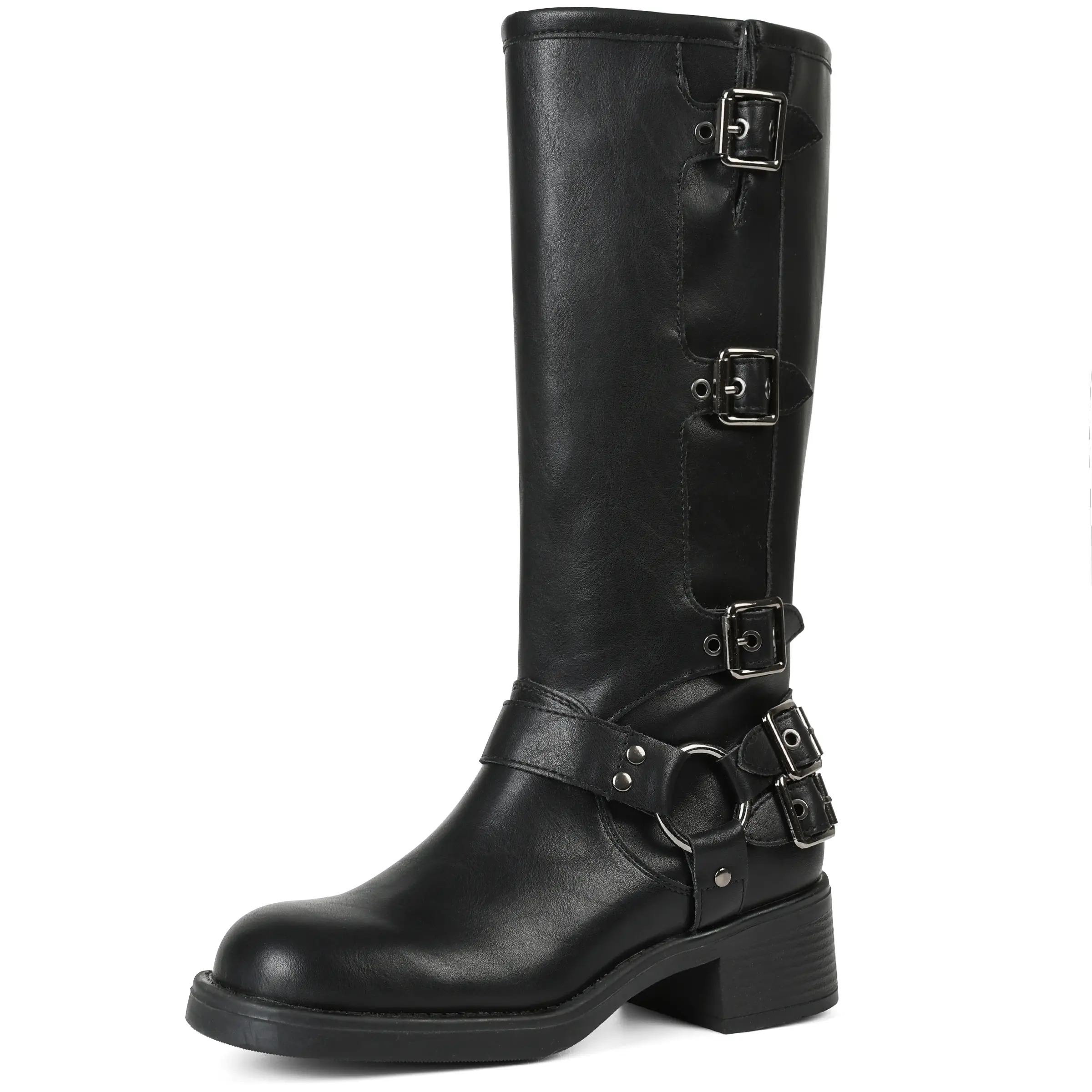 Women's Square Toe Boots in Faux Leather, Retro Mid-Height Motorcycle Boot Heels with a Side Zip, Leather & Faux Leather