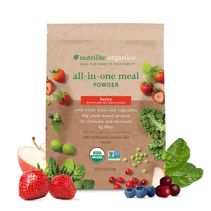 Nutrilite Organics Organic Plant-Based Meal Replacement Shake Berry 20g Protein Fiber Vitamins for Daily Nutrition 15 Servings Busy Lifestyle - Dietary, Healthcare