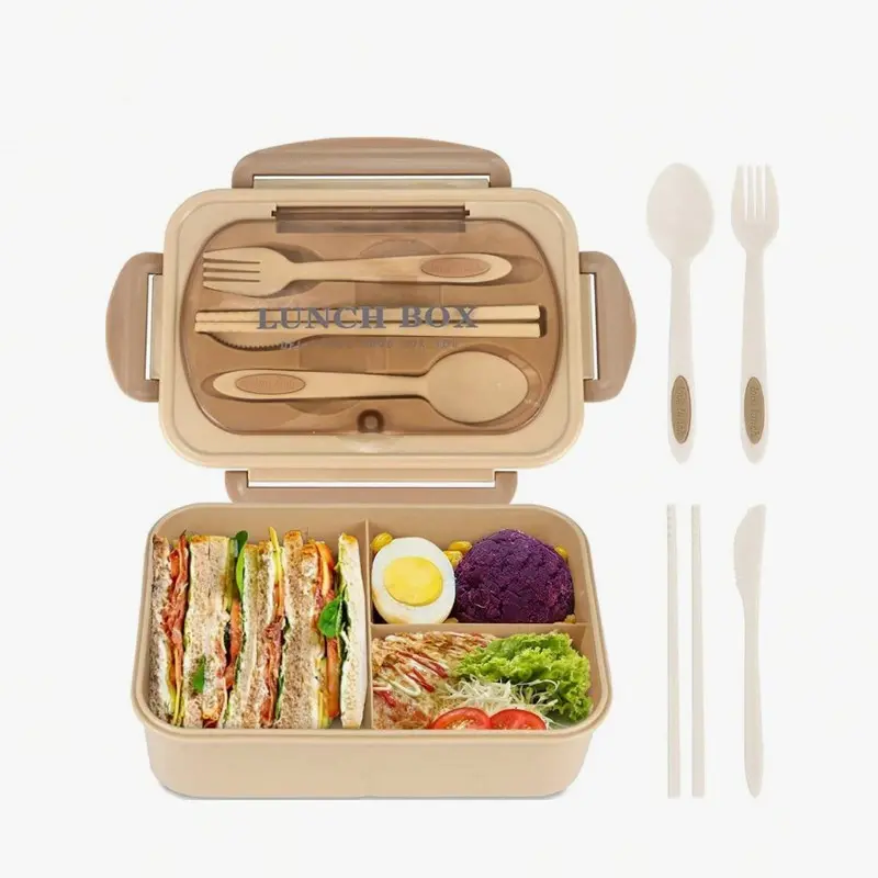 Adult Lunch Box Set, Bento Lunch Box, Bento Boxes, Bento Container, Lunch Food Containers, Unisex, 3 Compartments, Includes Cutlery, Sauce Jar, Pancake Liner, Microwave and Dishwasher Safe, Brown, Kitchen, Christmas Gift