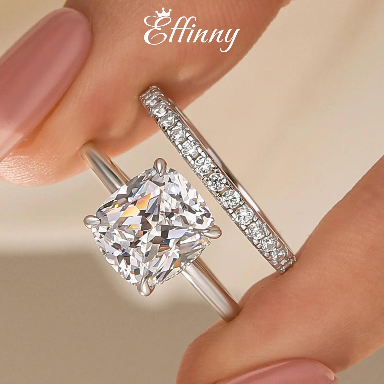 Effinny Jewelry 3.0ct Cushion Cut Solitaire Wedding Ring Set, Cubic Zirconia Promise Ring, 925 Sterling Silver Anniversary Ring for Women, Solitaire Promise Rings, Adults