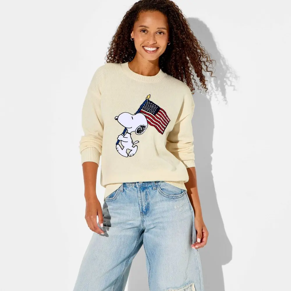 Women's Snoopy American Flag Graphic Pullover Sweater - Ivory L