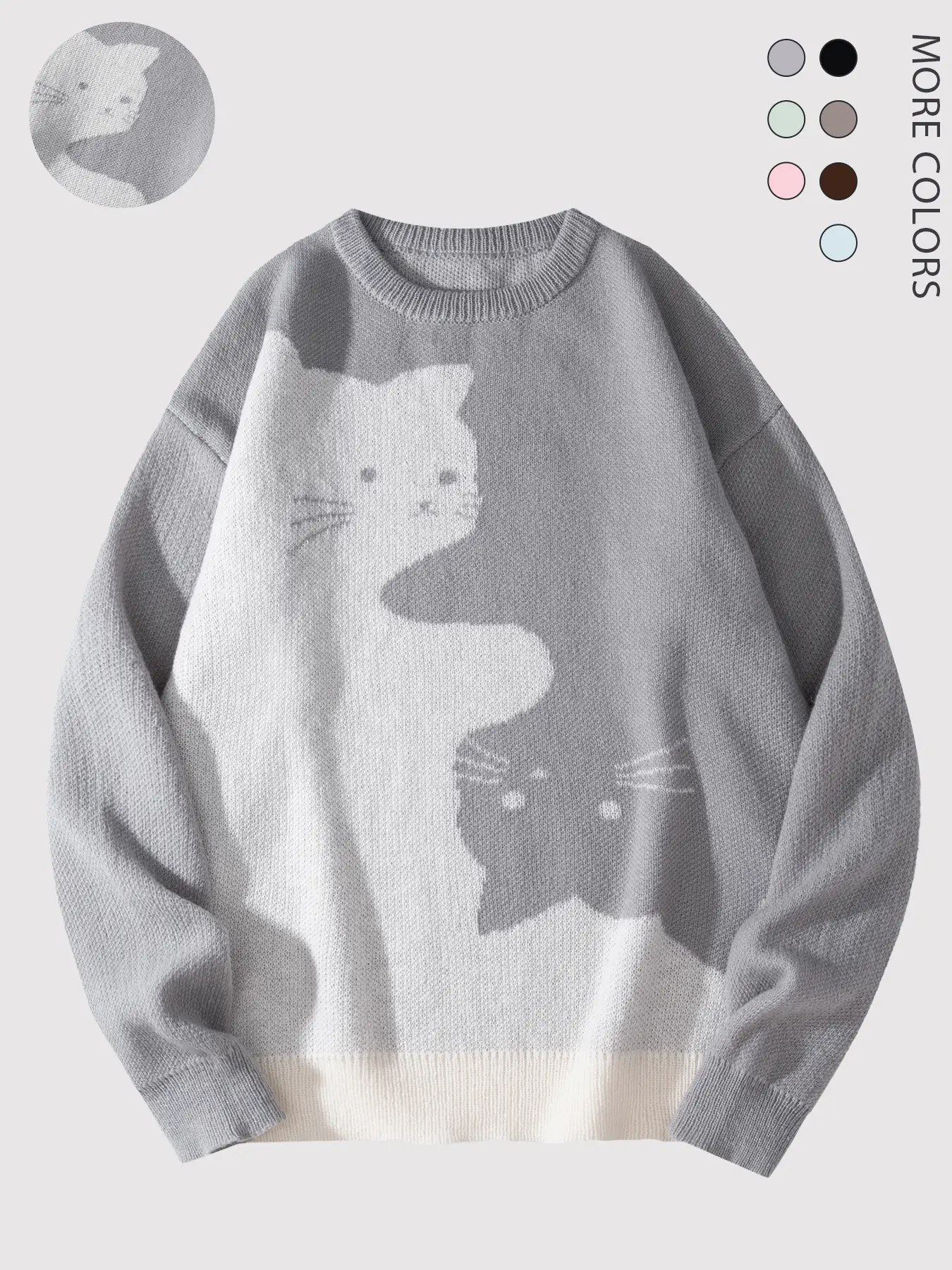 Men's Chic Cat Print Baggy Long-Sleeve Round Neck Knitwear Sweater - Soft Polyester Fabric, Autumn/Winter Office-To-Home Casual Menswear Tops, Ideal Gift, Whimsical Cartoon Cute Streetwear, Cozy Knits