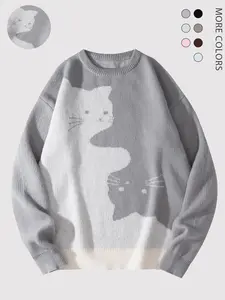 #SummerVibes Men's Cat Pattern Round Neck Sweater - Cute Cat Print, Loose, Autumn/Winter Fashion Street Wear, Casual Knitted Top Long Sleeve Fashion Knitted Men's Fabric Office Soft Round Neck Inner Pair for Men and Women