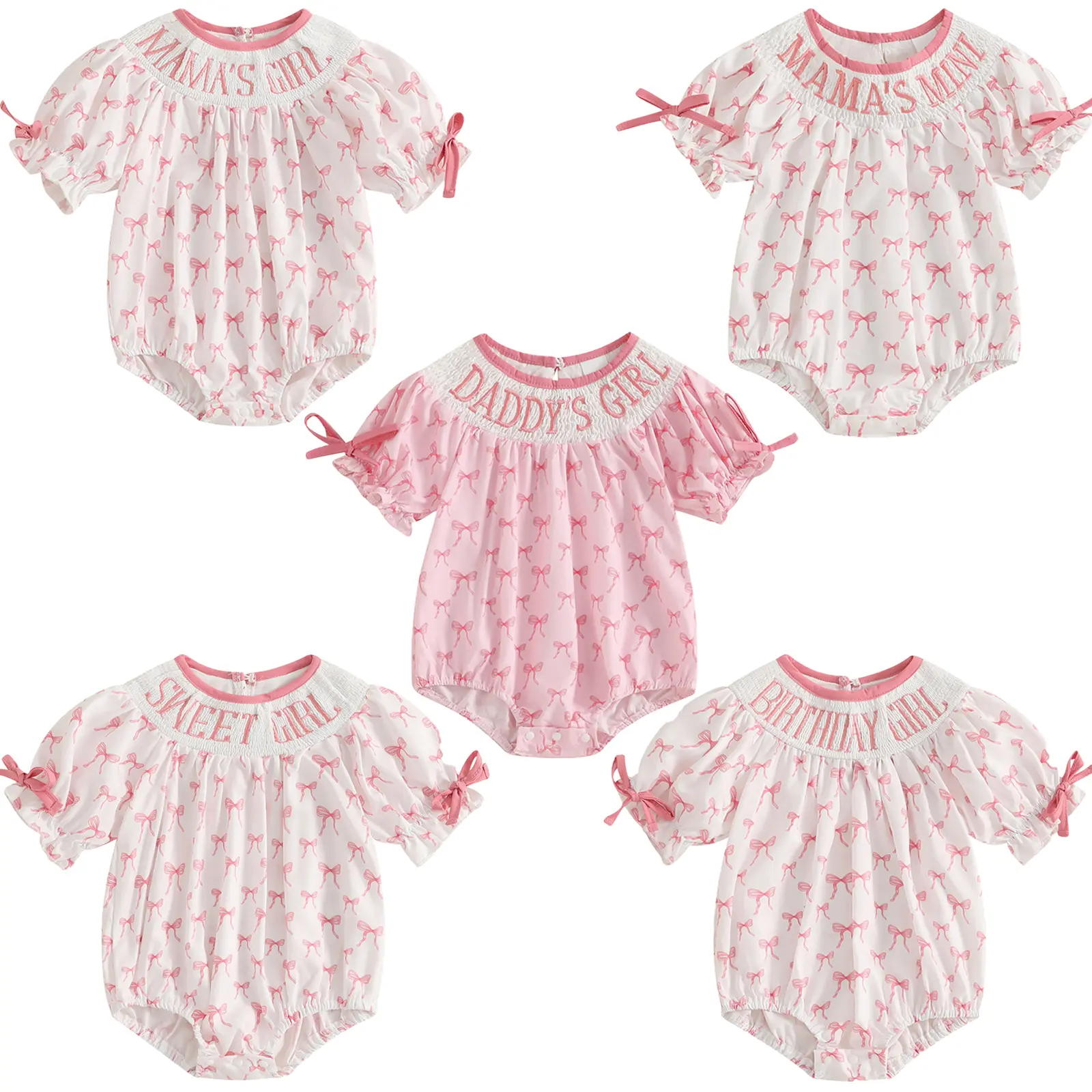 Newborn Baby Girl Romper Mamas Mini Sweet Mama's Girl Daddy's Girl Bow Plaid Print Puff Sleeve Smocked Bubble Romper Jumpsuit Bodysuit Summer Clothes