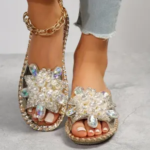 (New)Elegant Women's Open-Toe Slide Sandals with Handcrafted Floral Rhinestone & Pearl Accents,  Beige Slip-On Flat, Summer Footwear Girl Walking Shoes Rubber Nail