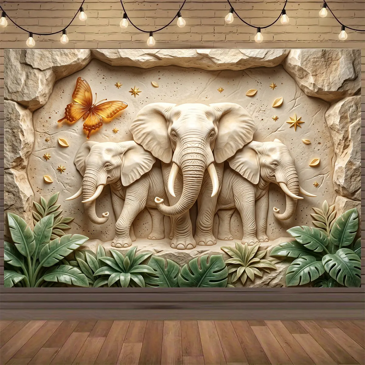 Large Size Stone Carving Elephant Family Group Photo Background Wall Hanging Tapestry - Home Decoration- High Definition Digital Printing-Polyester- Suitable Living Room Bedroom Office Hostel with Free Hanging