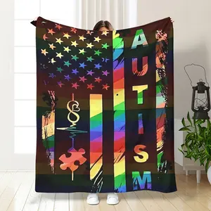 1 Piece Autism Awareness Flannel Blanket, Multi-functional Soft Light Beige Friendly Polyester Fiber, Hypoallergenic, Machine Washable, Perfect for Sofa, Office Nap, Home Decor, Travel, Camping, Gift Blanket - Modern Style with Colorful Puzzle and Music D