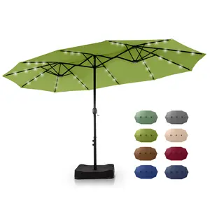 PHI VILLA Double-Sided Outdoor Patio Umbrella 15 ft Large with Crank, Steel Pole, Metal Frame, Includes Base, Easy to Clean, Solar LED Lights
