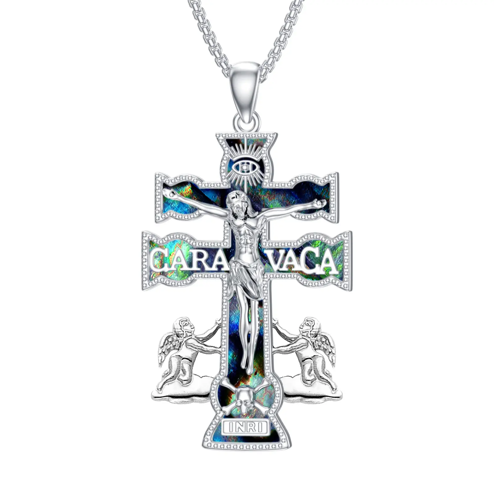 YFN Caravaca Cross Necklace 925 Sterling Silver Caravaca Double Cross with Angels Crucifix Pendant Necklace Religious Jewelry Gifts for Women Men