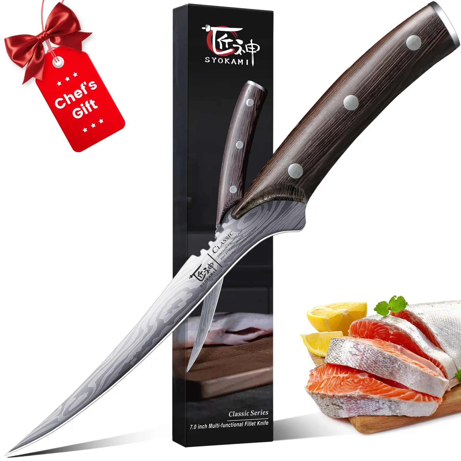 【DealsForYouDays】 SYOKAMI 7.2 Inch Fillet Knife, Razor Sharp Boning Knife, High Carbon Stainless Steel Filet Knives with High Flexibility, Wooden Handle, Full Tang Damascus Pattern Fish Knives, Ideal for Mother's Day Gift
