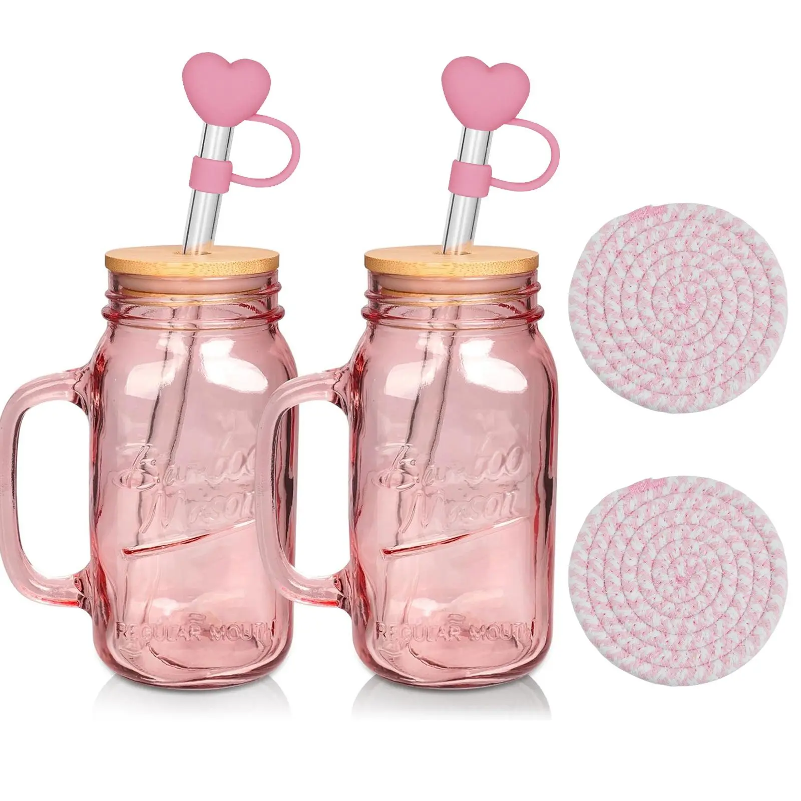 Mason Jar Glass Cup with Lid & Handle, 24oz Pink Drinking Glasses Glassware Colored Glass Cups with Straws for Home Office Back to School, Halloween, Christmas, Birthday Gift, 1 Set Including 2 Drinking Glasse & 2 Straw & 2 Coaster & 2 Straw Cap & 1 Brush