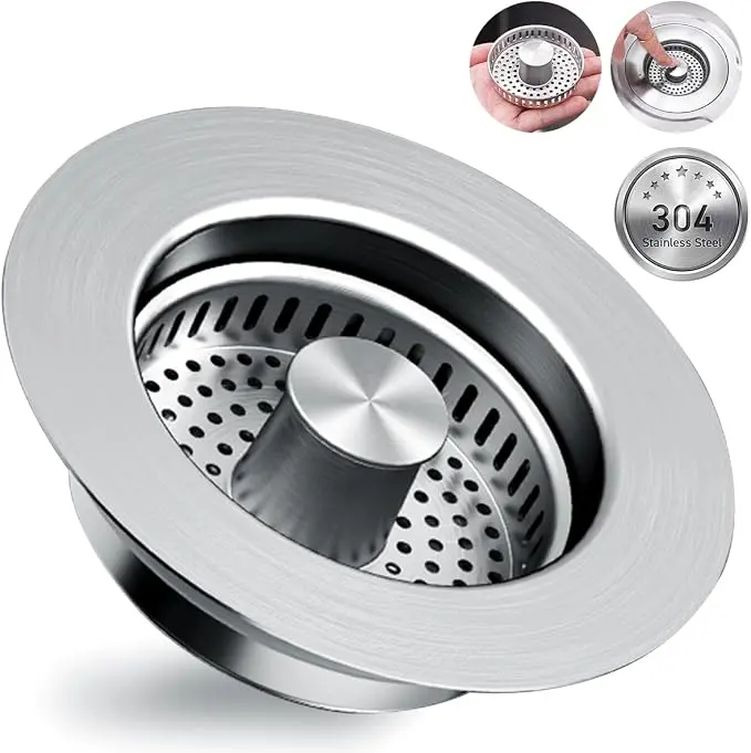 3-in-1 Kitchen Sink Drain Strainer - Pop Up Sink Stopper, Stainless Steel Sink Drain Strainer, Kitchen Sink Stopper & Drain Plug with Anti-Clogging Basket,Sink Strainer Fits US Standard 3-1/2'' Drains