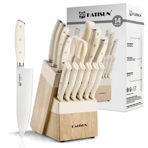 Kitchen Knife Set,14-Piece Knife Set With Block Wooden, Self Sharpening For Chef Knife Set, High Carbon German Stainless Steel Collection Knife Block Set, Dishwasher Safe Cutlery, Cream