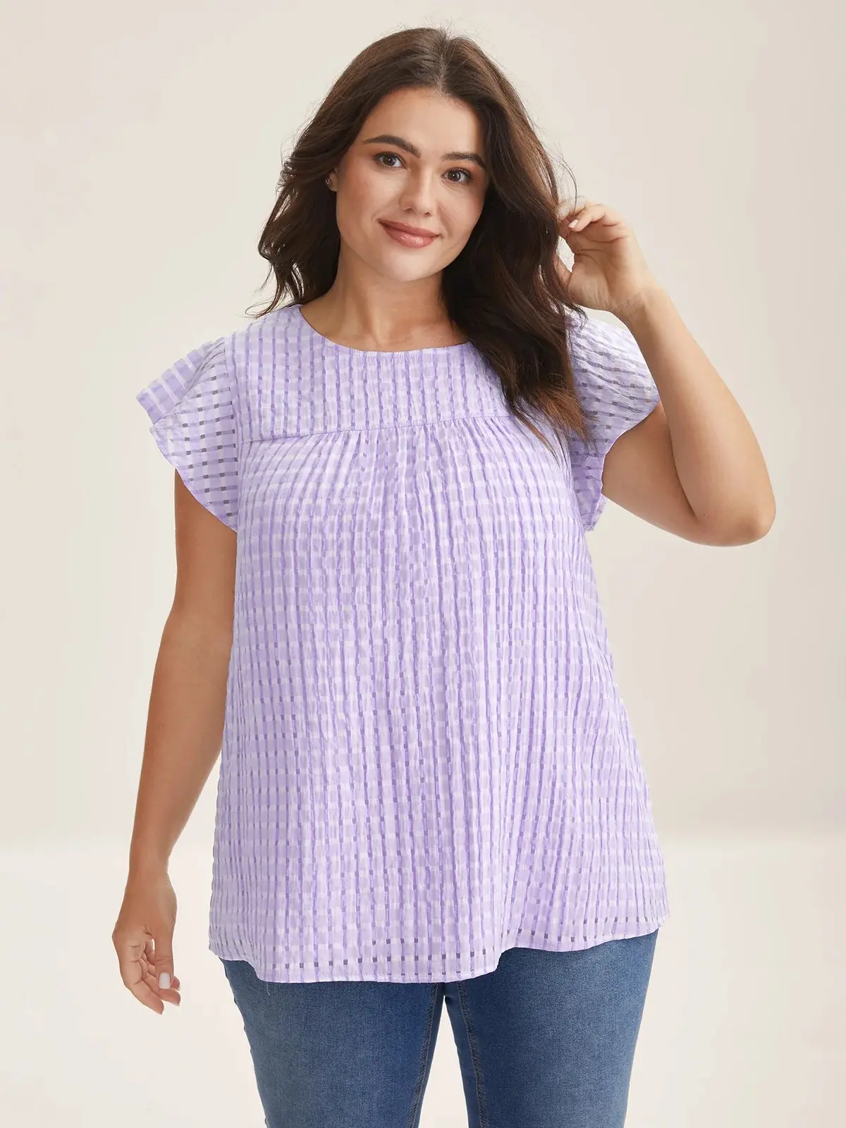 BloomChic Women's Plus Size Casual Ruffle Blouse - Shortsleeve Flutter Cap Sleeve Top, White Smoke Round Neck, Textured Sheer Lined, Lightweight Spandex-Polyester, Comfy Casual Office Wardrobe Staples, M-6X, Plus Size Fashion