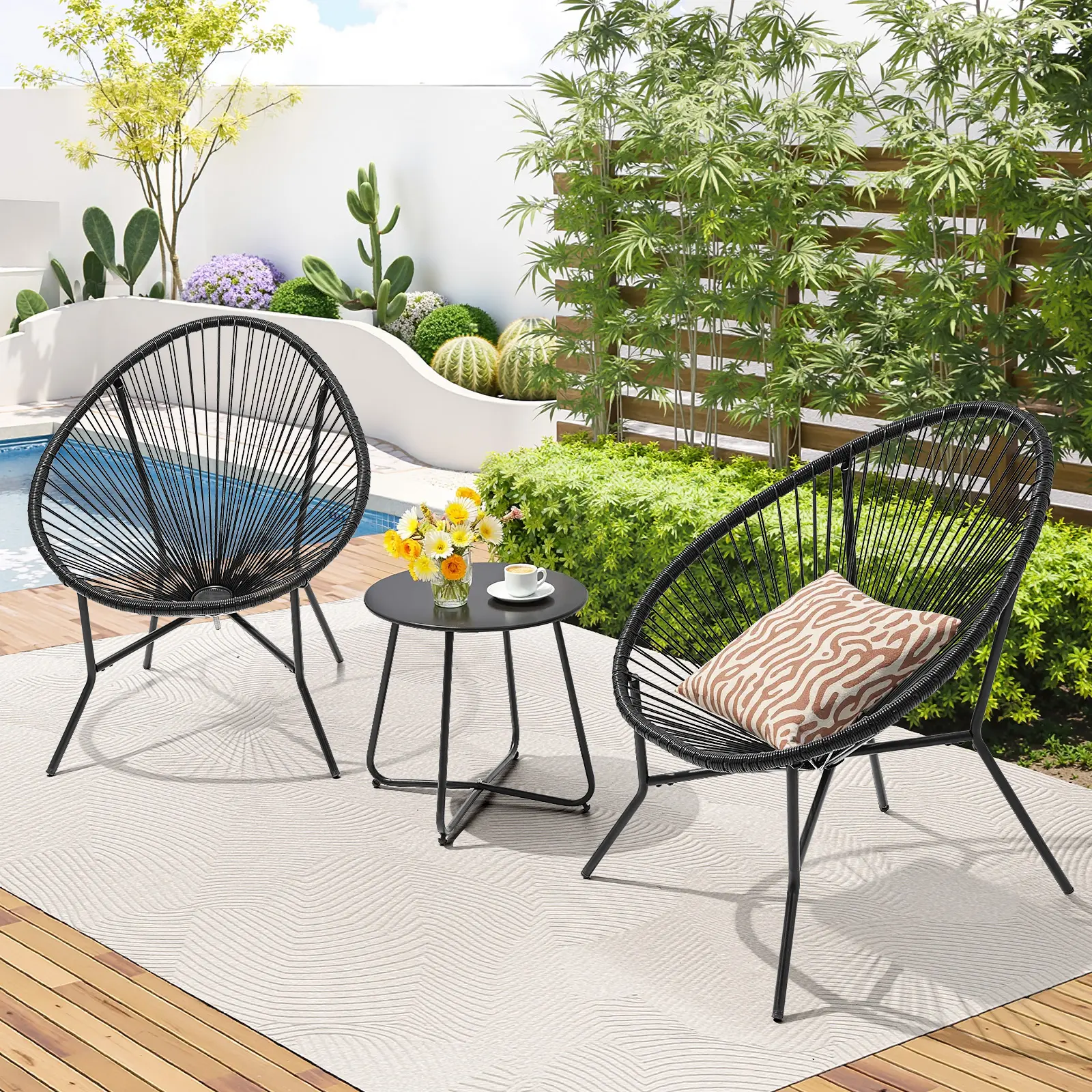 3-Piece Outdoor Acapulco Chairs Set, Modern Patio Furniture Set, Woven Bistro Set with Steel Frame for Balcony, Lawn, Porch and Garden, Black FathersDayGift