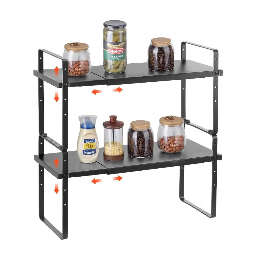 VEVOR Adjustable Kitchen Cabinet Shelf Organizer, Expandable 2 Tier Cabinet Shelf, Stackable Countertop Organizers and Storage Shelf Risers, Pantry Organizers for Kitchen Bathroom Office, Black