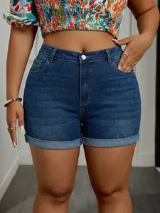 Women's Plus Size Denim Shorts, Washed Elastic Stretchy Comfortable Fabric, Summer Fashion Essential, Casual Elegant Zipper Fly Jeans