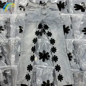 Hip Hop Splicing Patchwork Black Sunflower Embroidery  Denim Pants Men Women Light Blue Jeans Trousers With Tag
