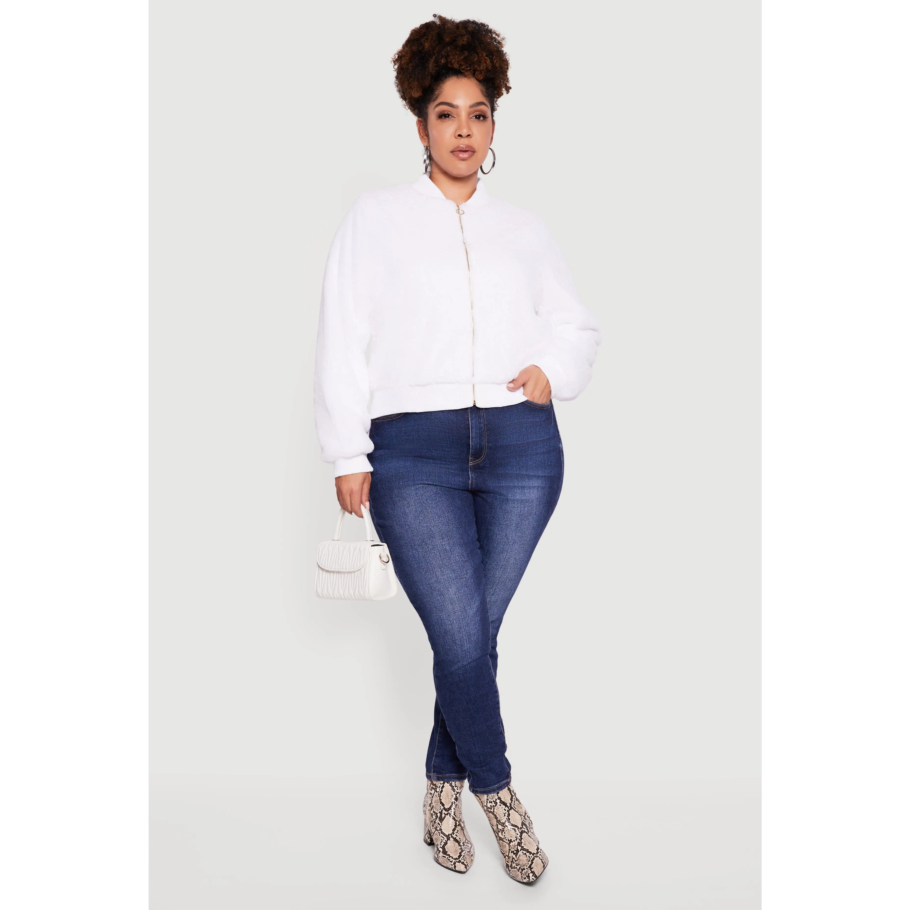 Plus Size Zip Front Faux Fur Bomber Jacket