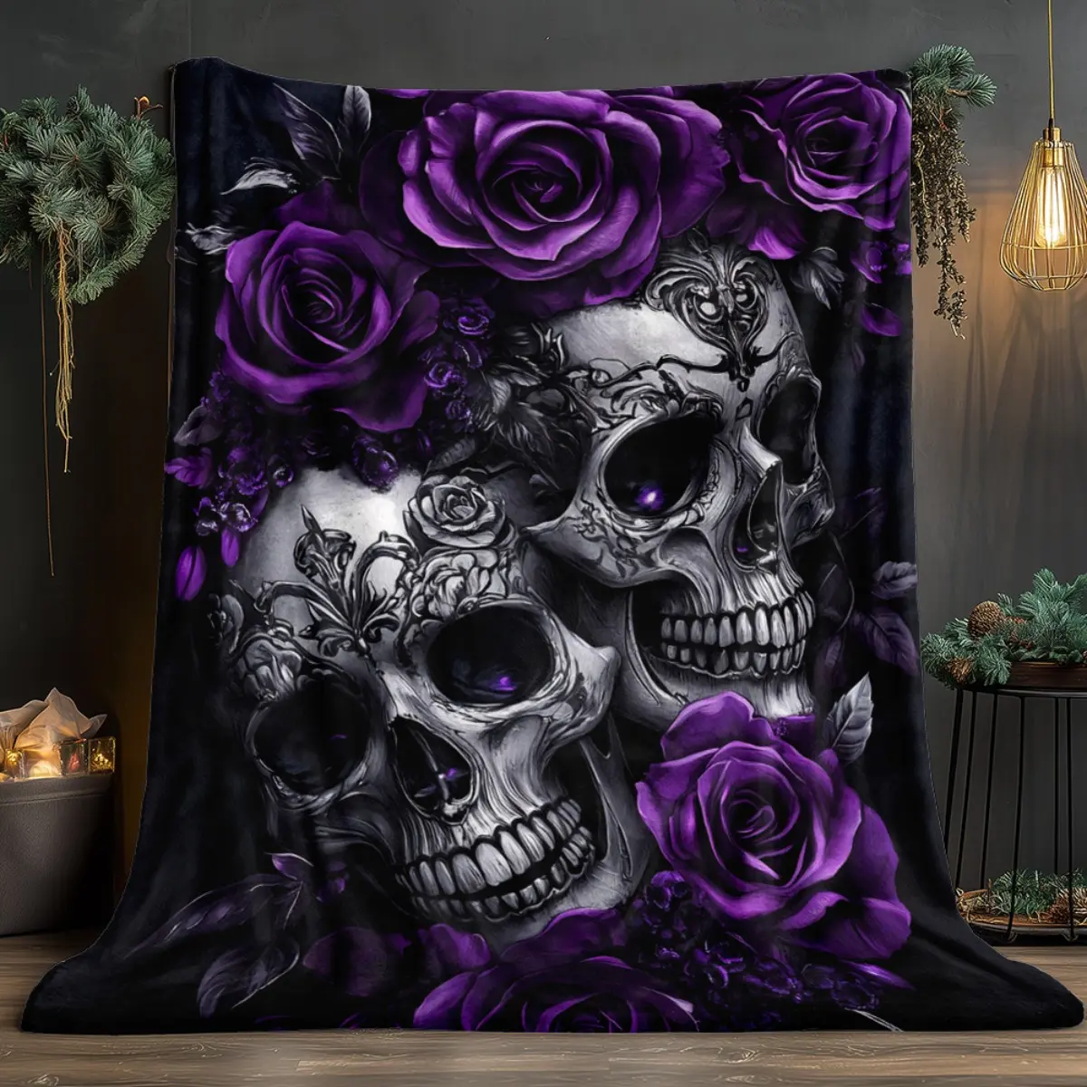 1 Skull Purple Rose HD Print Blanket - Lightweight Flannel Sofa Blanket, suitable for sofas, beds, travel, living rooms, offices, couches, and beds - Digital print fleece blanket, made of soft and warm flannel fabric, suitable as a gift for family or frie