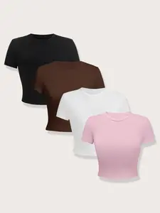 Basic Minimalist Multi-Color Short Sleeve Fitted Crewneck T-Shirt Set, Slim Fit Plain Top Combination, Casual Style, Four-Piece for Women