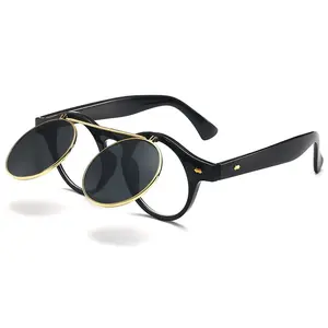 Fashion Vintage Round Steam Punk Flip Up Sunglasses Double Layer Clamshell Design Gothic Sun Glasses Oculos De Sol Aviator Shades