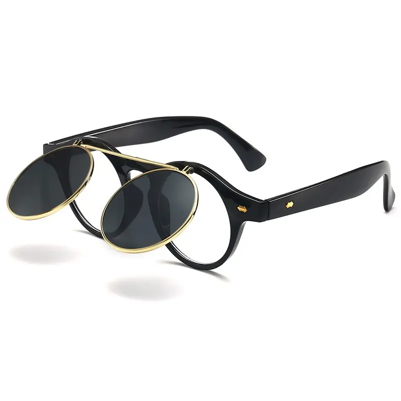 Fashion Vintage Round Steam Punk Flip Up Sunglasses Double Layer Clamshell Design Gothic Sun Glasses Oculos De Sol Aviator Shades
