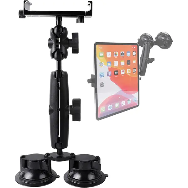 Durable Alloy Aluminum Tablet Stand Accessories, 360° Adjustable Double Suction Cup Mount for Car/Truck Windshield, Compatible with All iPad Models (Pro 12.9, Mini, Air), Galaxy Tabs & 4.7-15" Devices