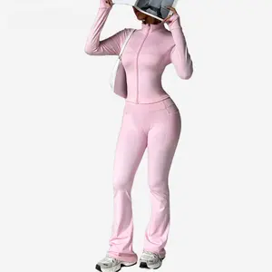 Women’s 2 Piece Workout Set, Zip Front Track Jacket with Thumb Hole Sleeves & High Waist Flare Pants, Quick Dry 4 Way Stretch, Tummy Control, Yoga Bottoms Sportswear